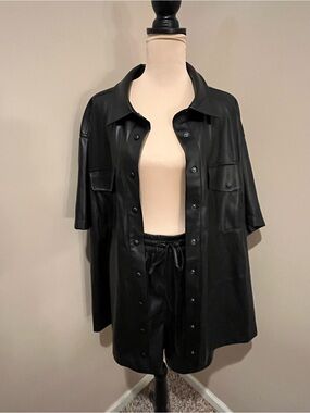 Good American Black Vegan Leather Shacket & Hi-Rise Short Set, GD AM size 6/5